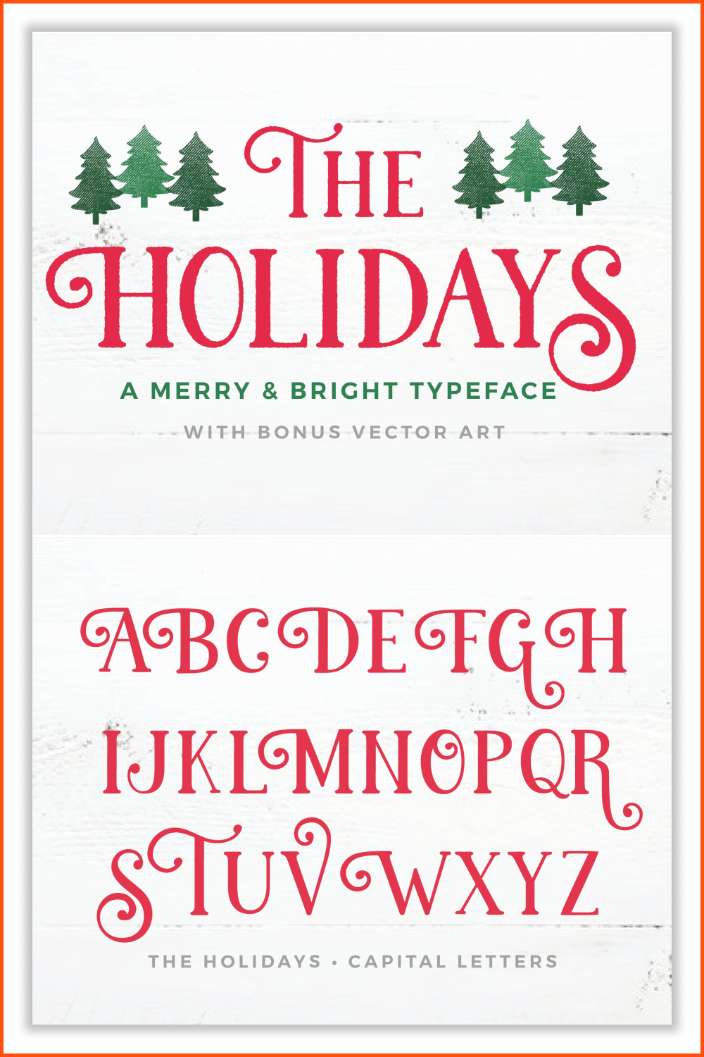Red alphabet and text on a white background with green painted Christmas trees.