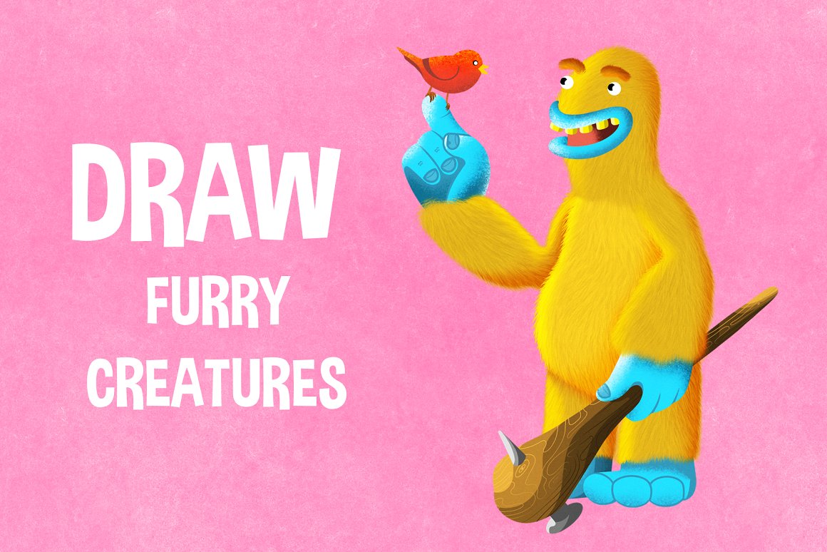 White lettering "Draw furry creatures" and yellow-blue illustration of a furry creature on a pink background.