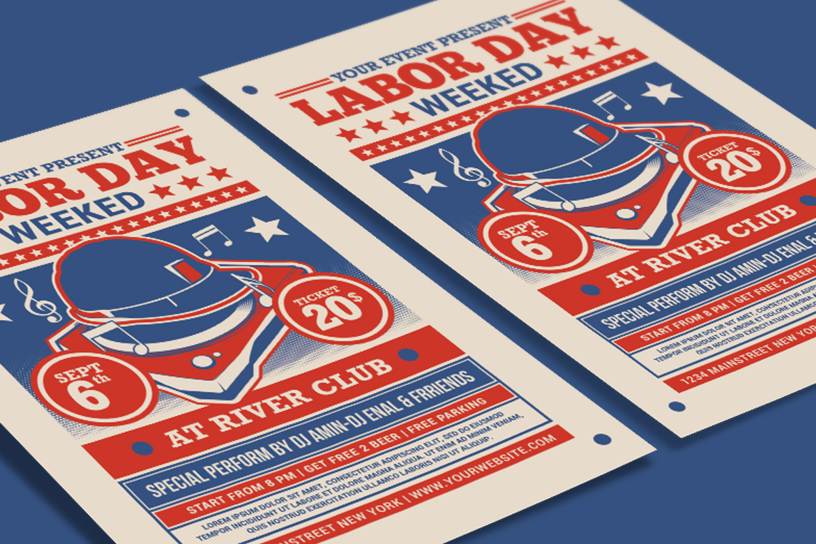 Lying mockups of many Labor Day weekend party flyers.