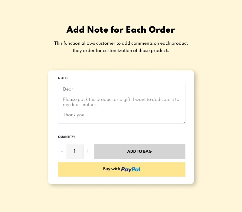Black lettering "Add note for each order" and input field on a peach background.