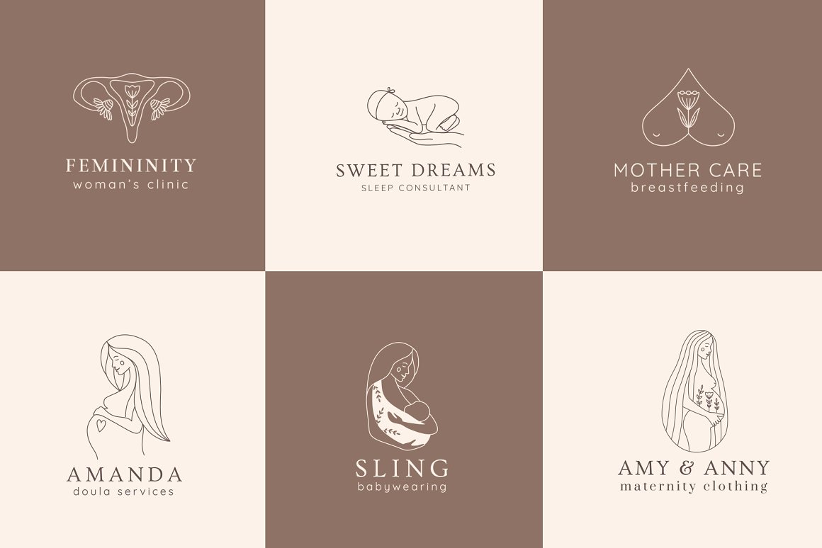 6 minimalis logos with woman and babies illustrations.