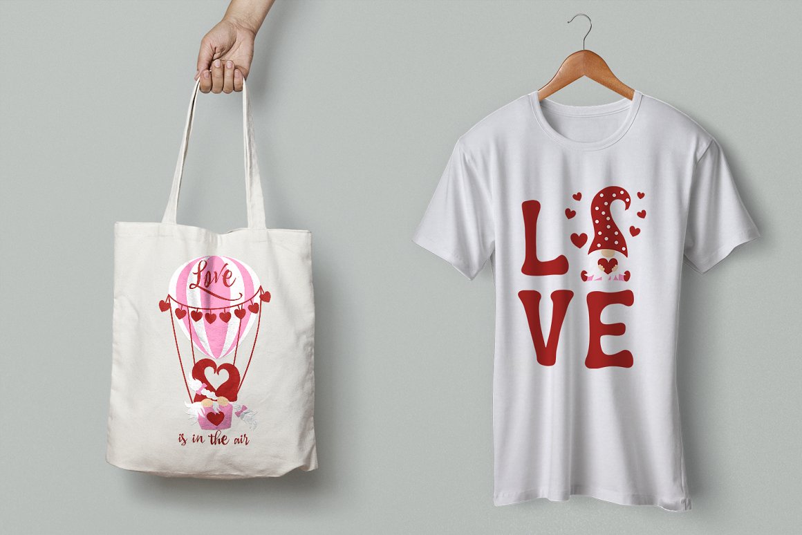 White t-shirt and white shopping bag with illustrations of a valentine's gnome.