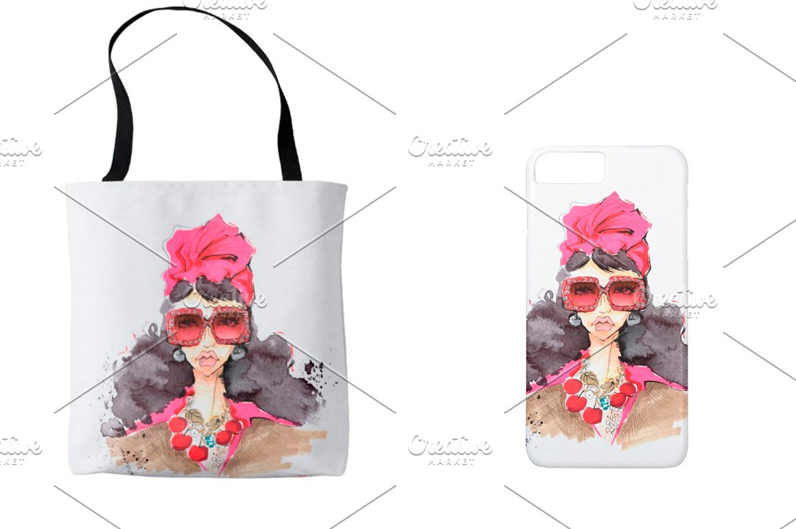 White bag with black handle with illustration of a portrait of a fashionable girl and white iphone case with the same illustration on a white background.