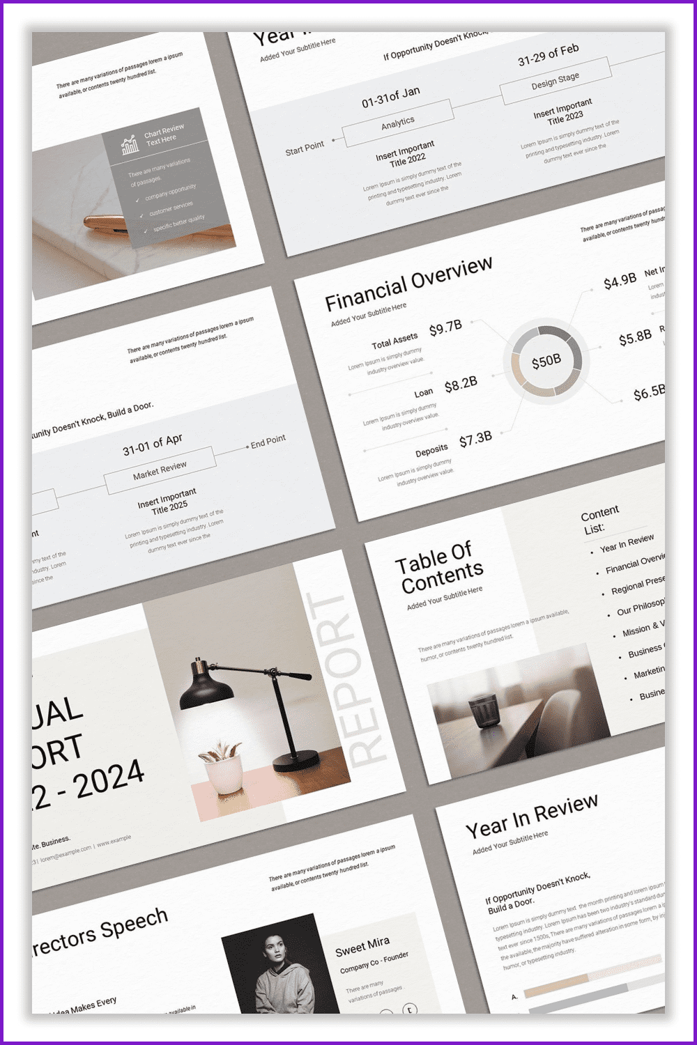 Collage of presentation pages with white and gray background and photos of furniture.