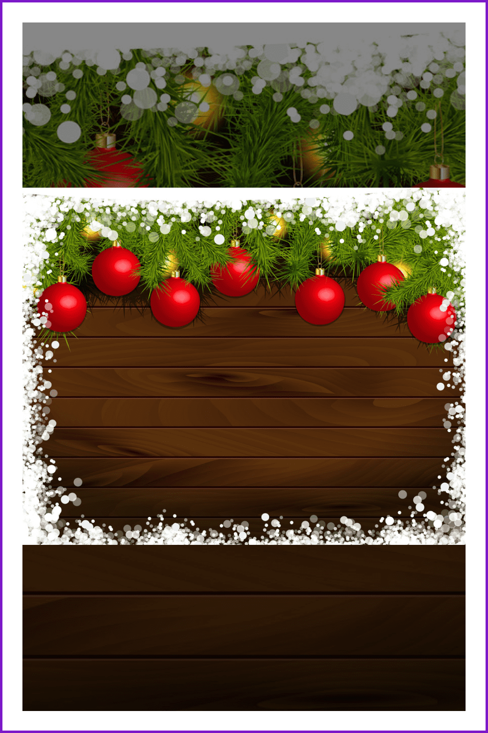 Image of red Christmas toys and Christmas tree branches on the background of brown boards.