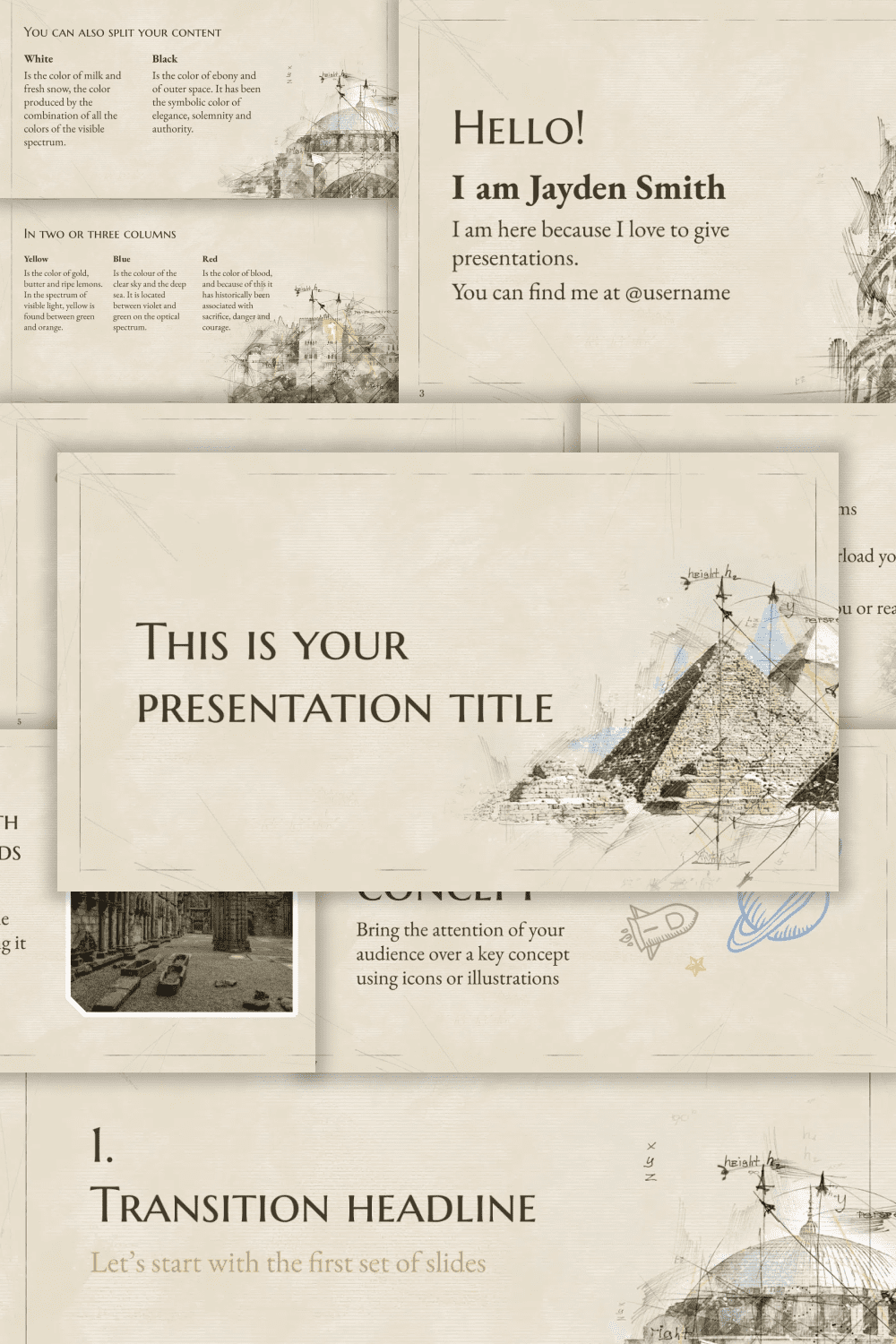 Collage of presentation pages with the image of the pyramids and the cathedral on a beige background.