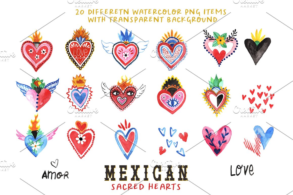 A set of 18 different hand-painted mexican hearts on a white background.