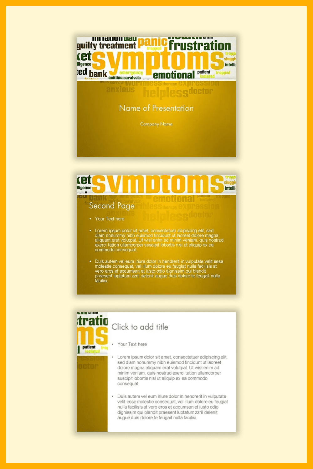 Collage of presentation pages with yellow background and capital letters in the title.
