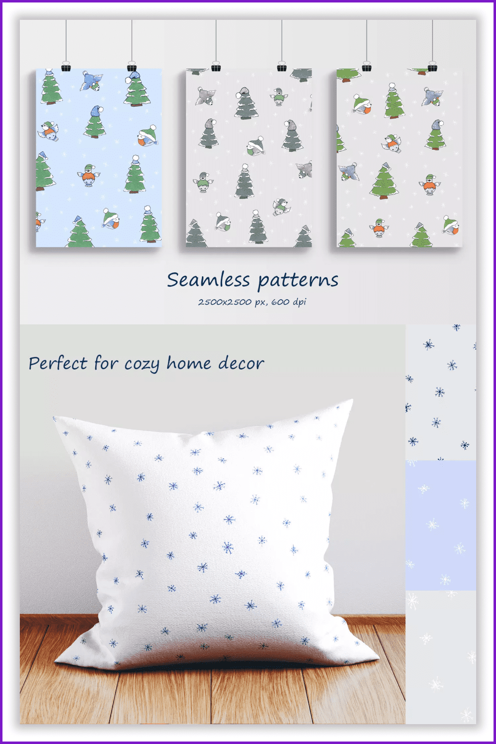 Collage of patterns with Christmas trees and snowflakes.