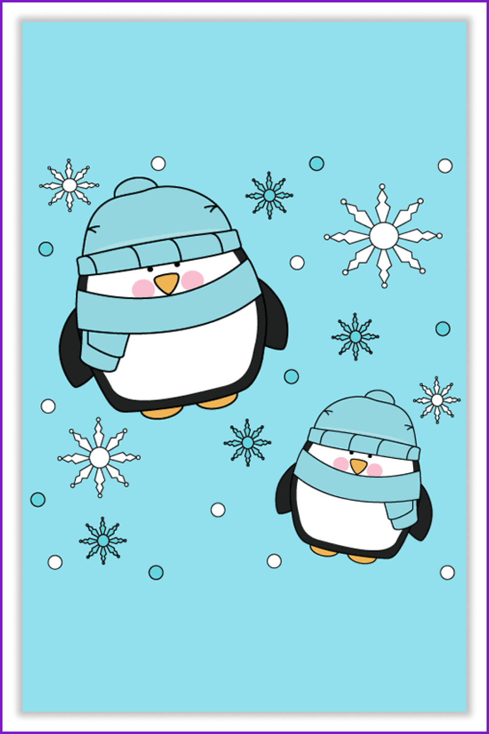 Two cute drawn penguins in scarves and hats.