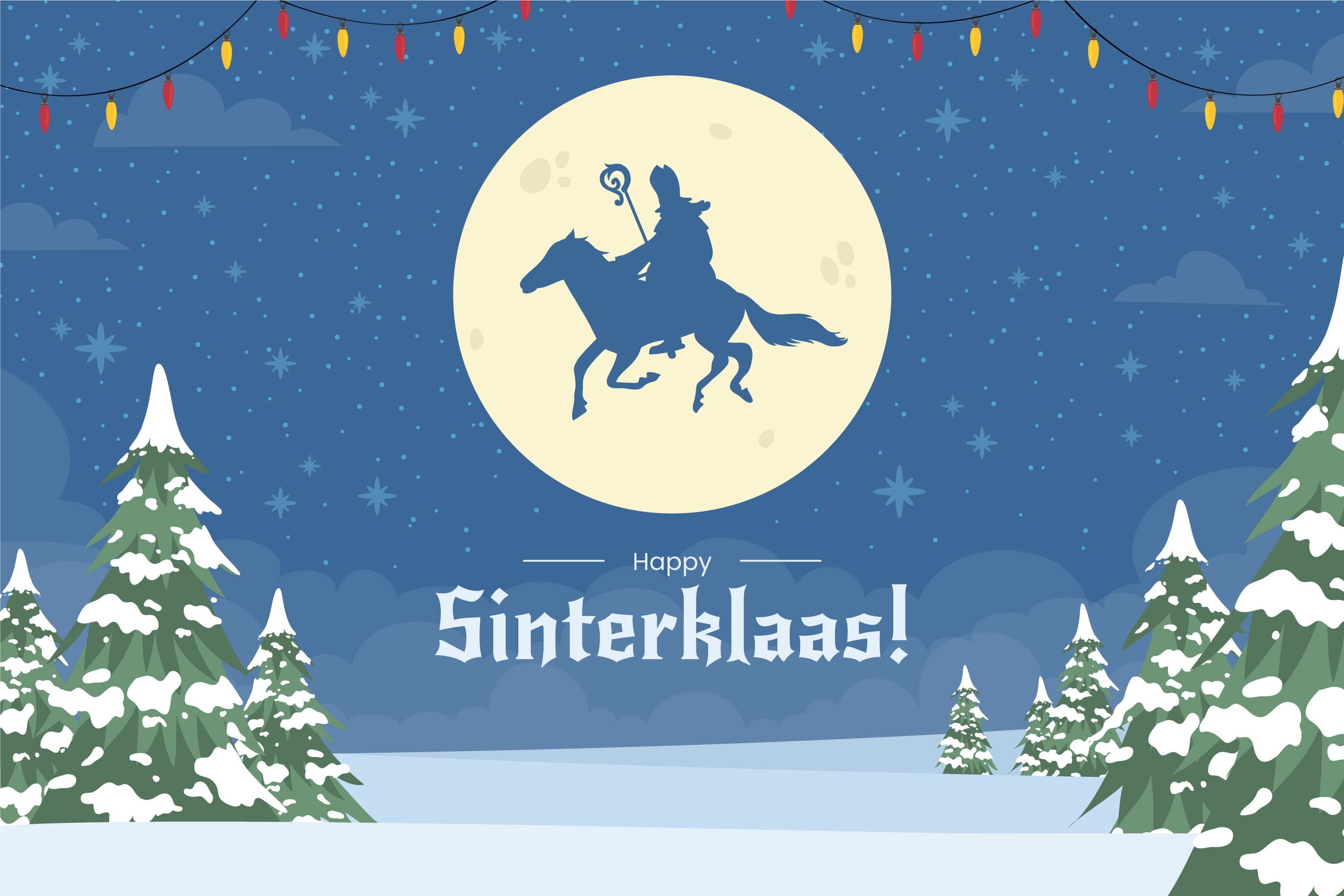 Amazing image with Sinterklaas on a horse over a snowy forest