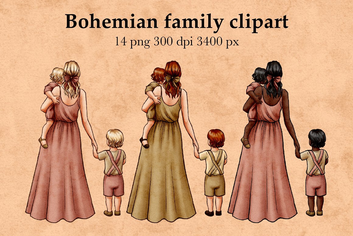 Black lettering "Bohemian family clipart" and 3 different illustrations of mom and children.