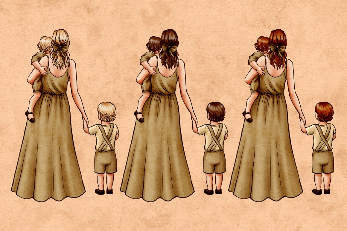 A set of 3 illustrations of mom and children with different hair colors.