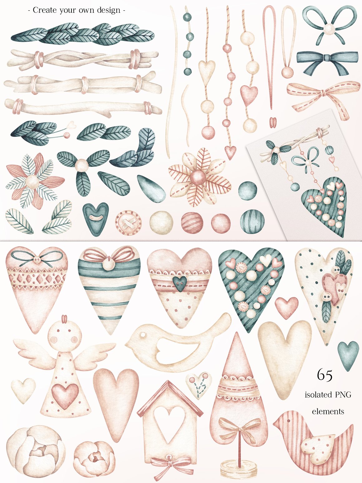 A set of 65 different pink and blue watercolor valentine's elements.