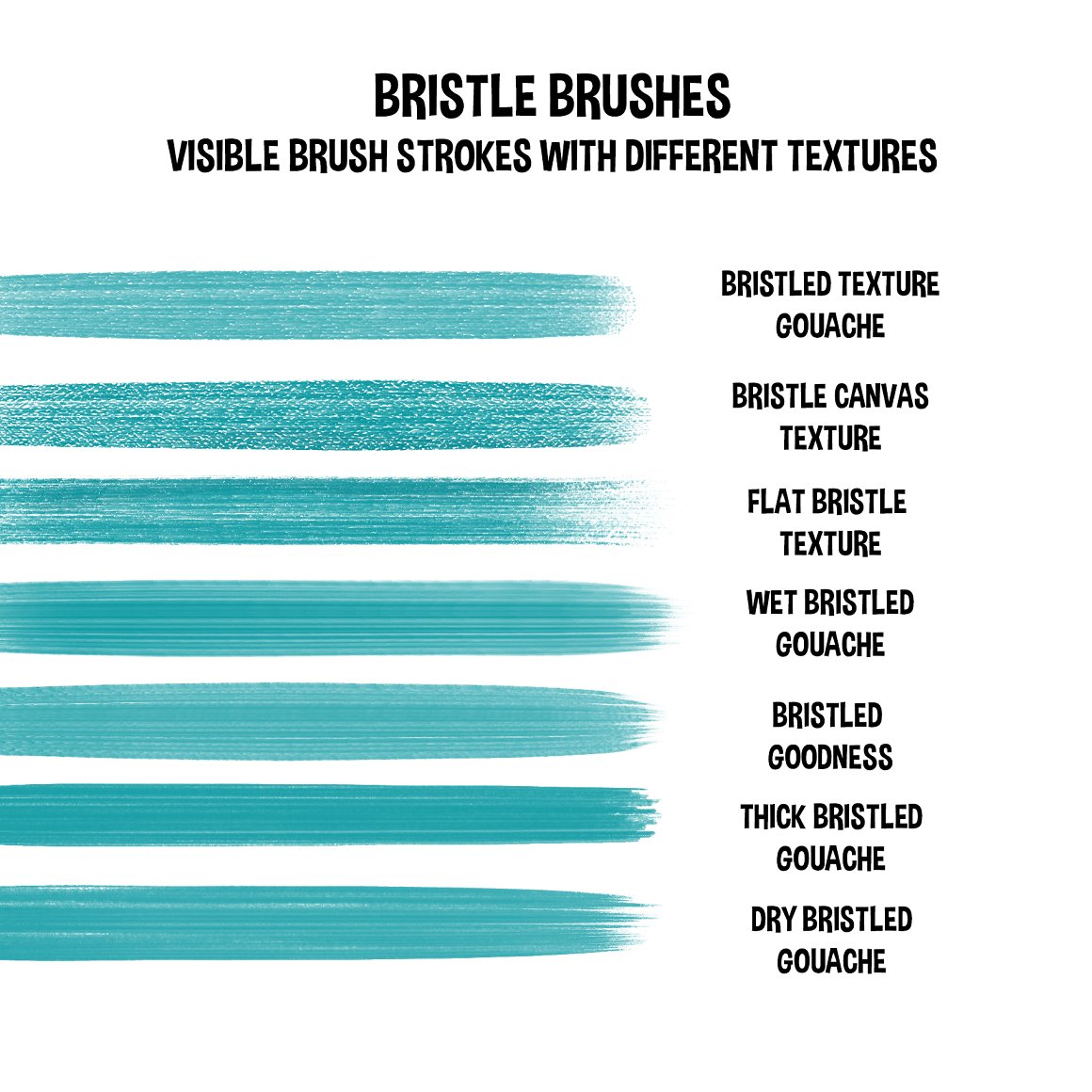 7 different blue bristle brushes on a white background.