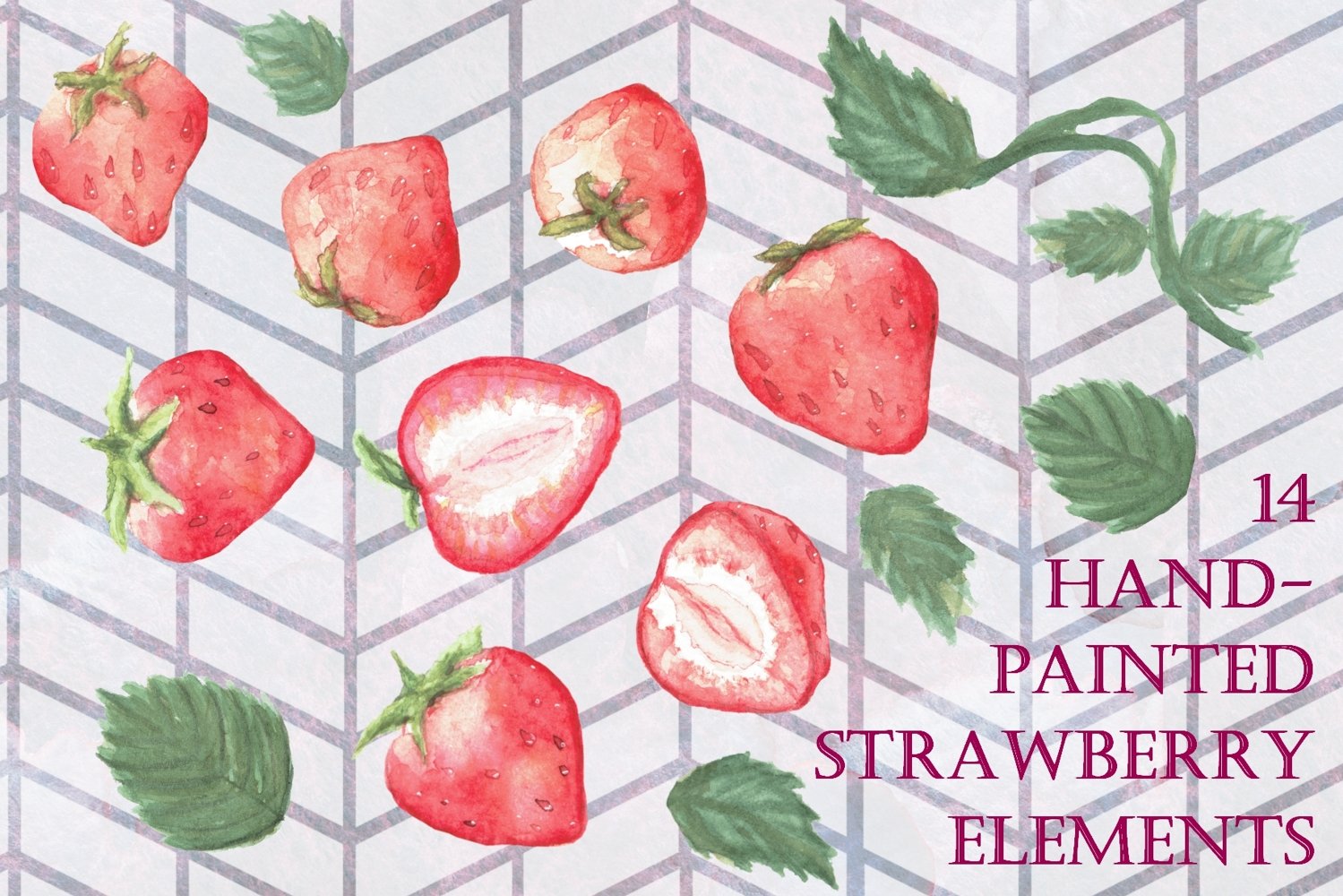 Cover image of 14 Handpainted Strawberry Elements.