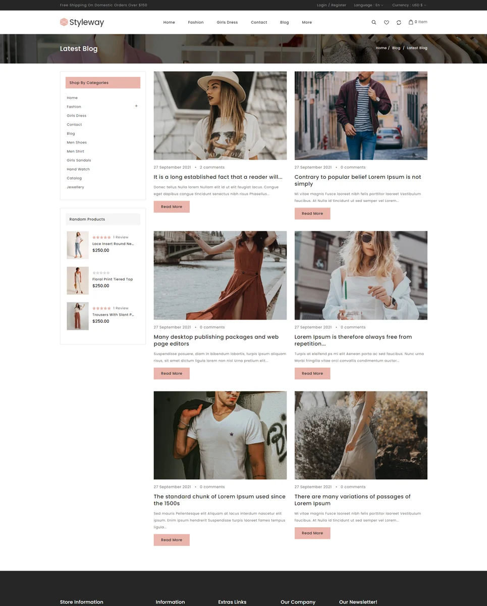 An example of different blog pages for web version styleway online fashion store.