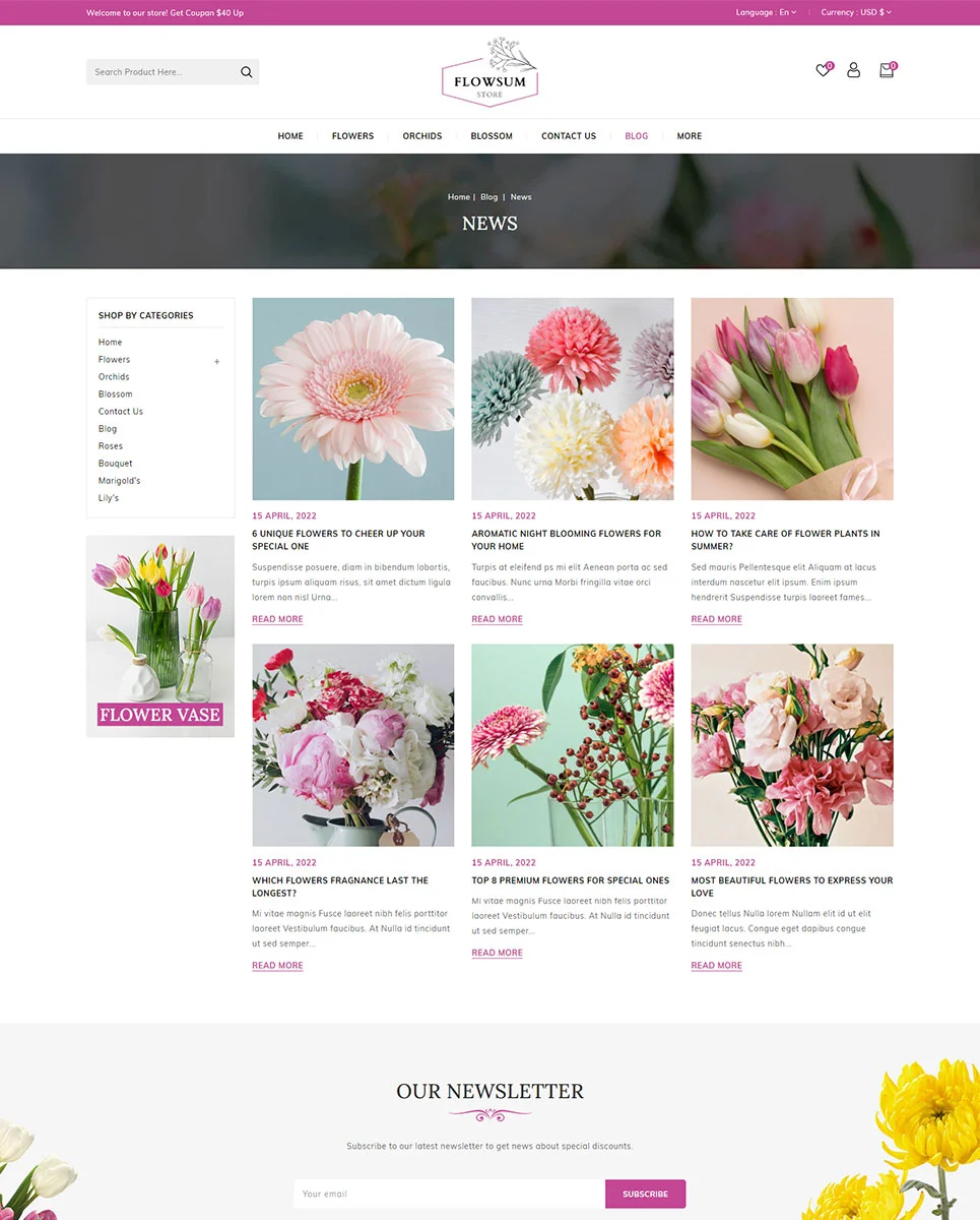 An example of news of products for flowers store with images of flowers.