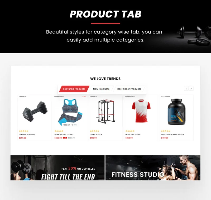 White lettering "Product tab" on a black background and template shopify store in white, black and red in web version on a gray background.