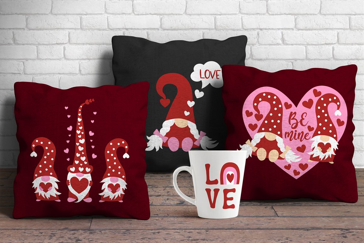 A set of 3 red and black pillows and white cup with illustrations of a valentine's gnome.