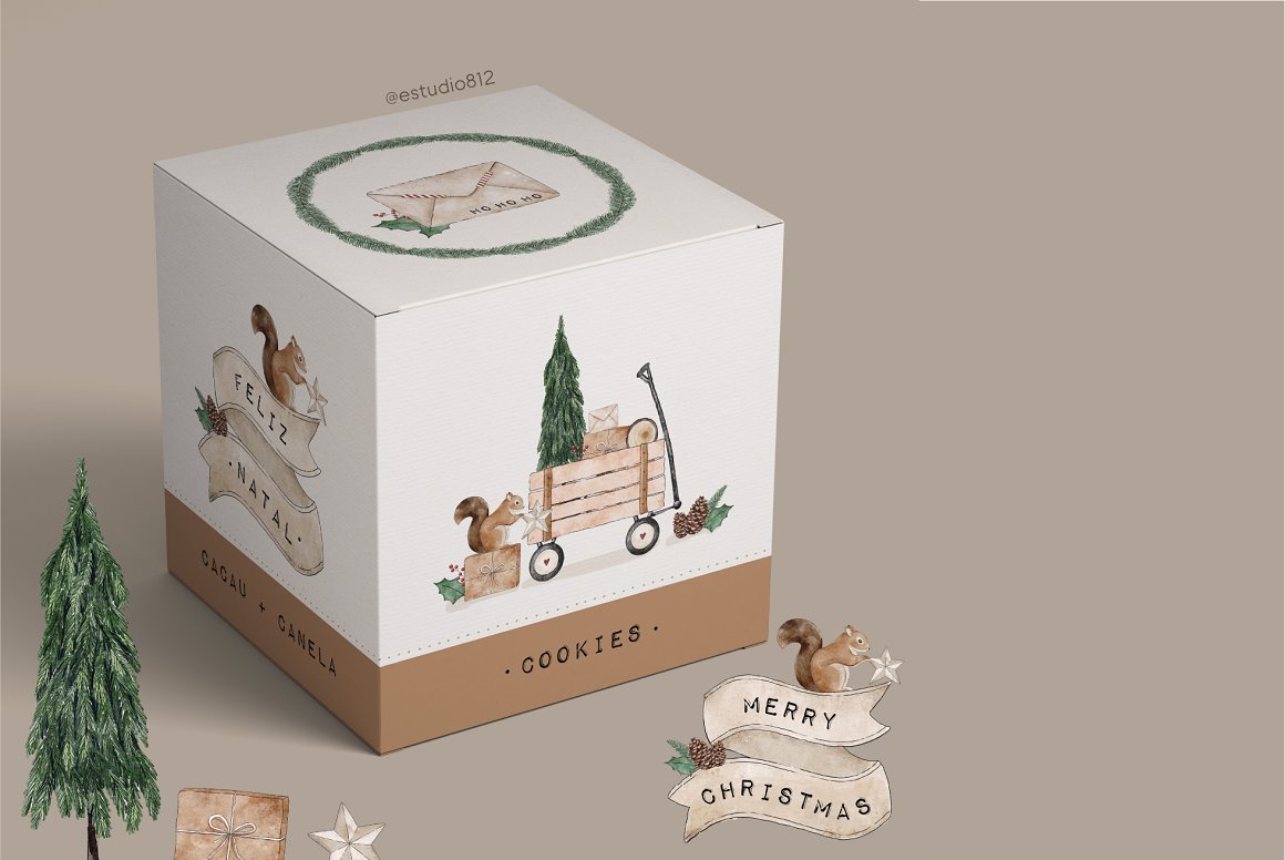 A white and beige box with a watercolor christmas illustration on a beige background.