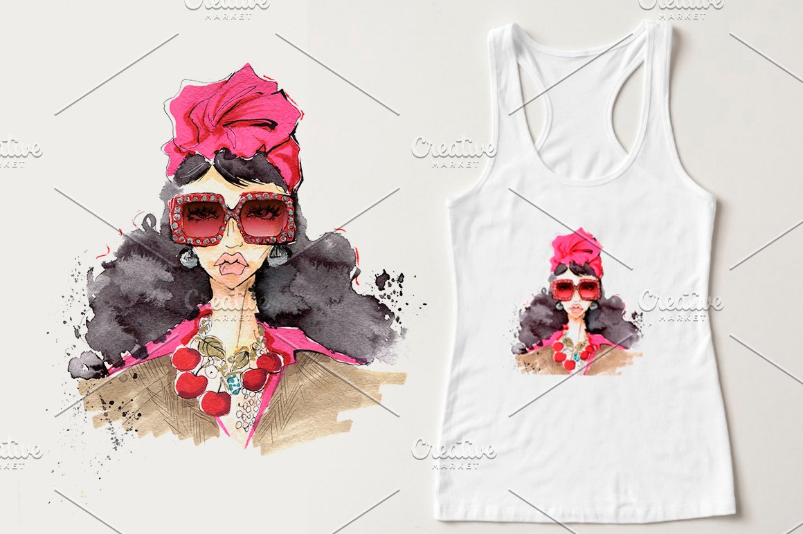 White t-shirt with illustration of a portrait of a fashionable girl and the same illustration on a gray background.