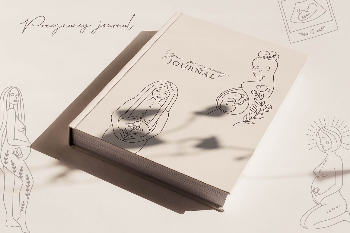 White notebook with lettering "Your pregnancy journal" and illustrations.