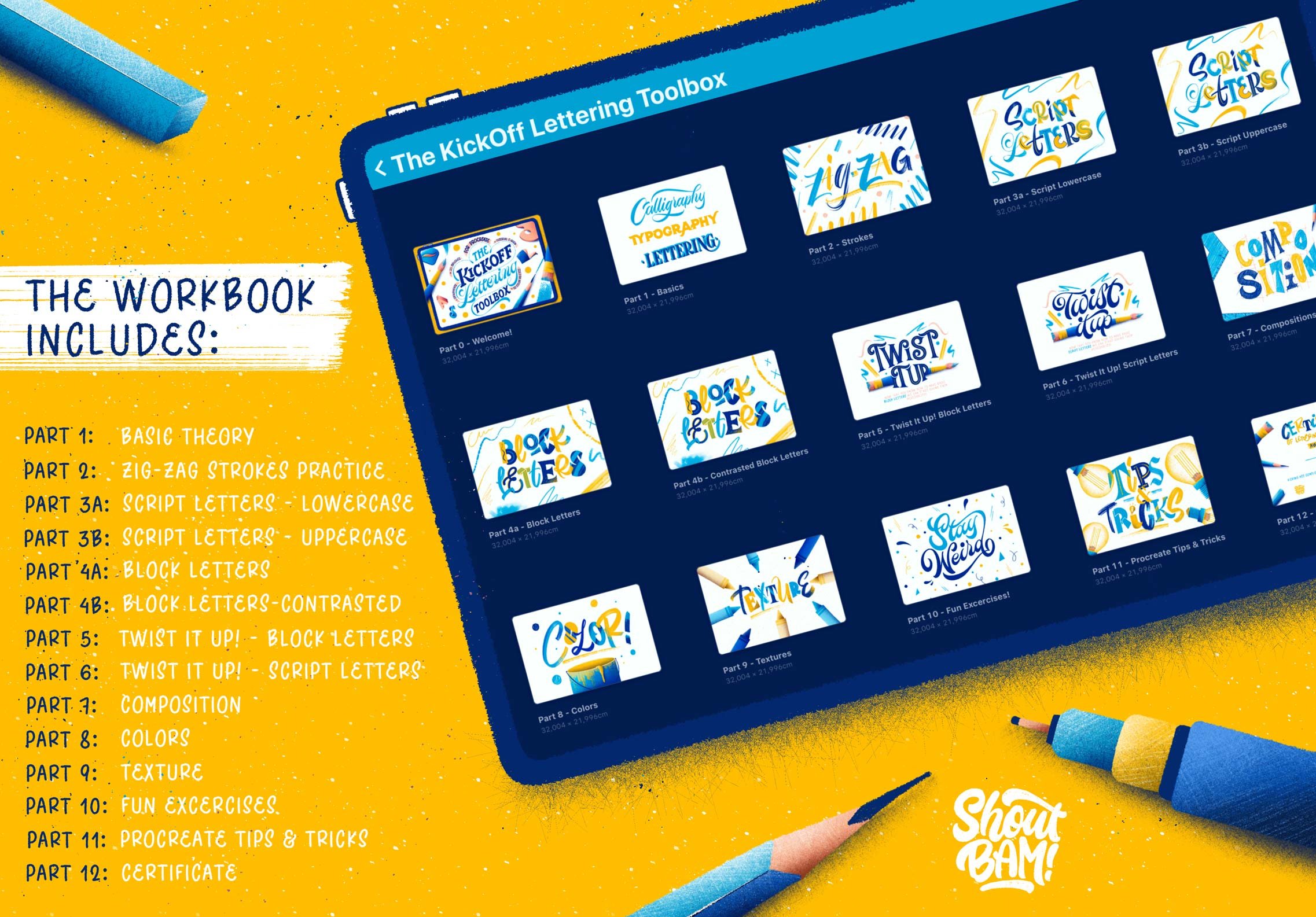 This workbook includes brushes to textures to practice sheets, fun exercises, ornaments, basic letter theory and much more.