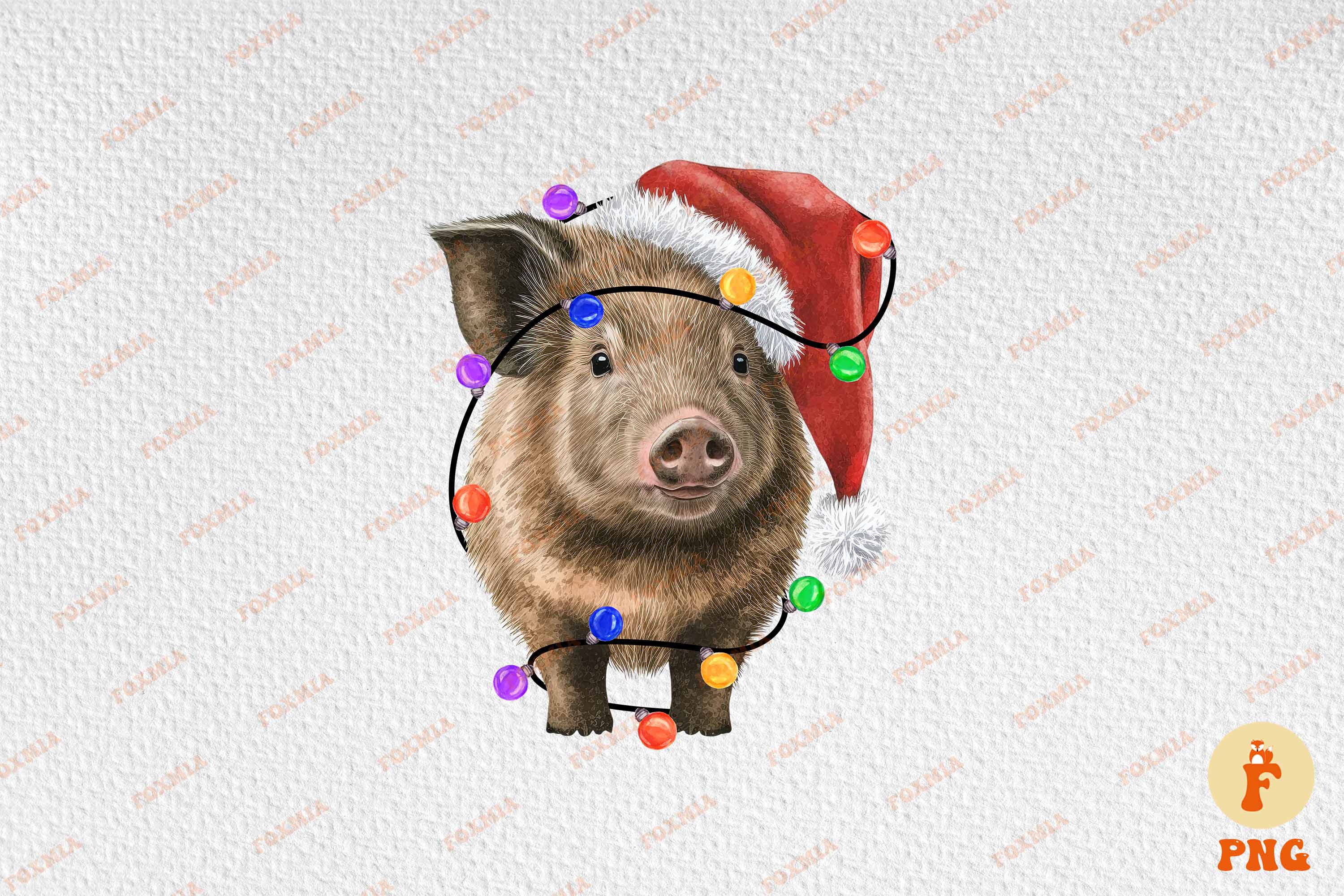 Colorful image of a wild boar in a santa hat.