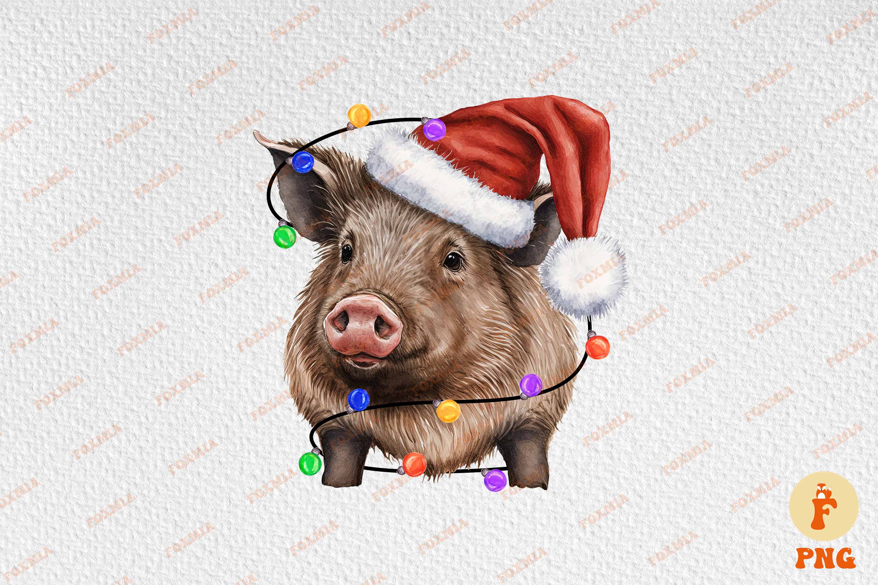 Unique image of a wild boar in a santa hat.