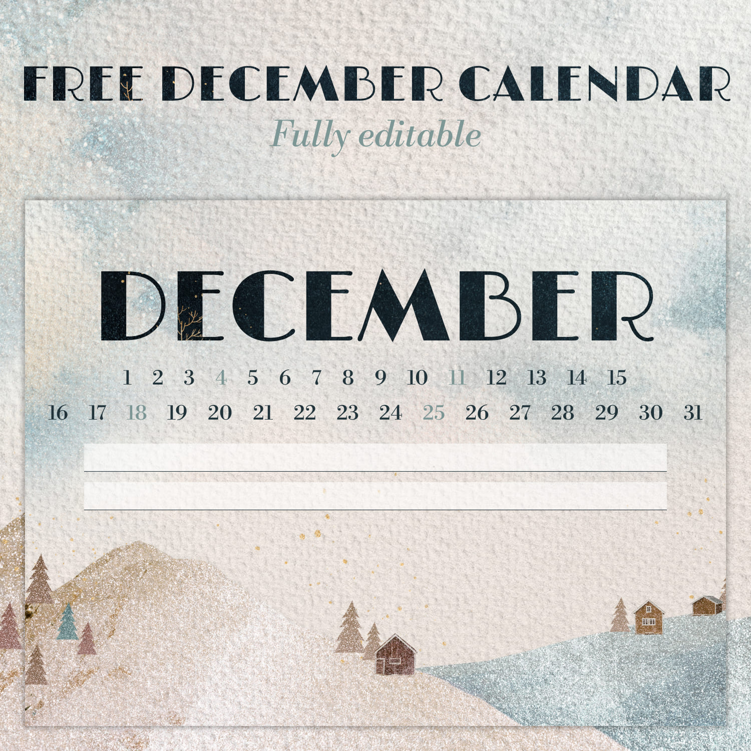 Free Rustic December Calendar.