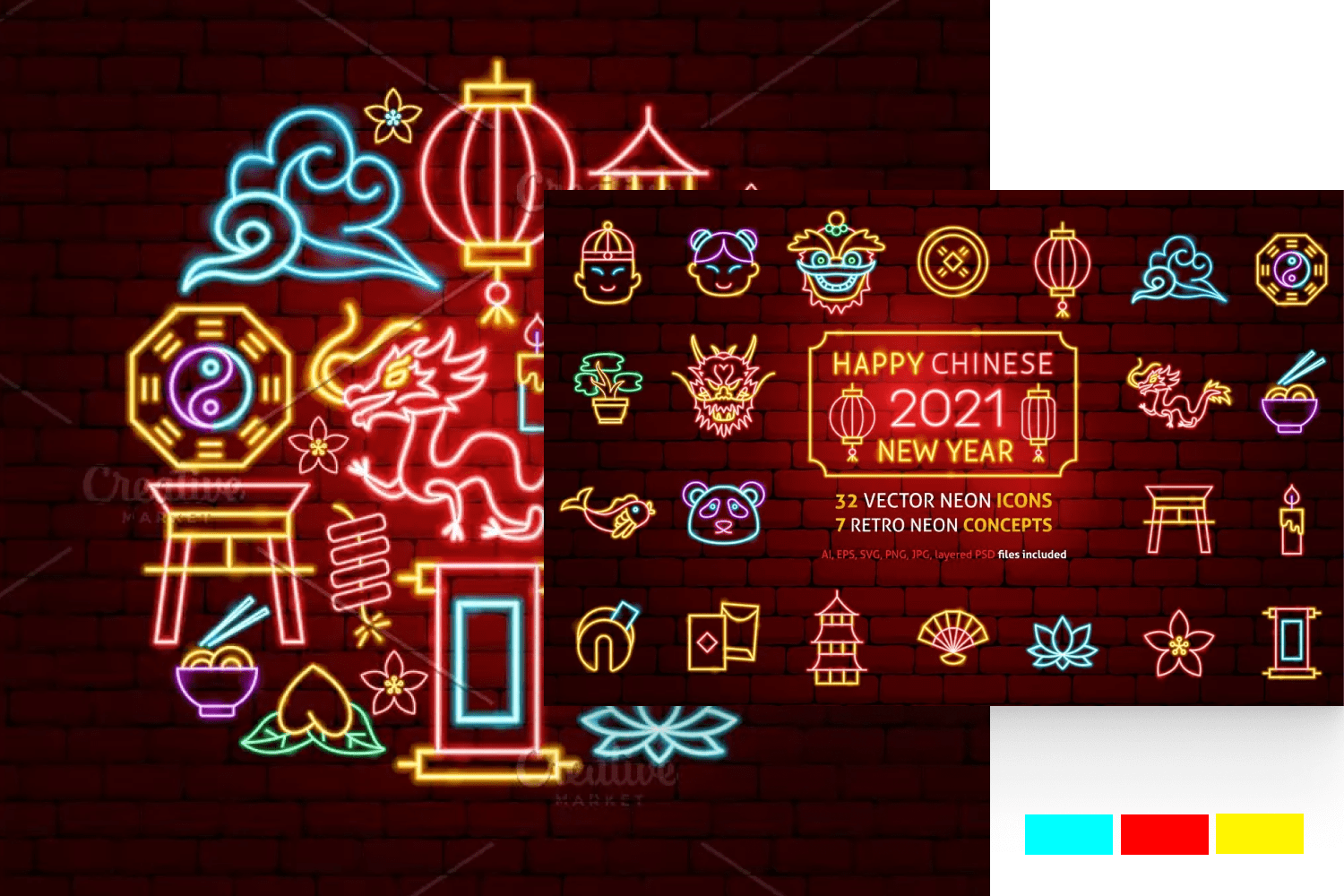 A collage of icons in neon colors on the theme of the Chinese New Year.