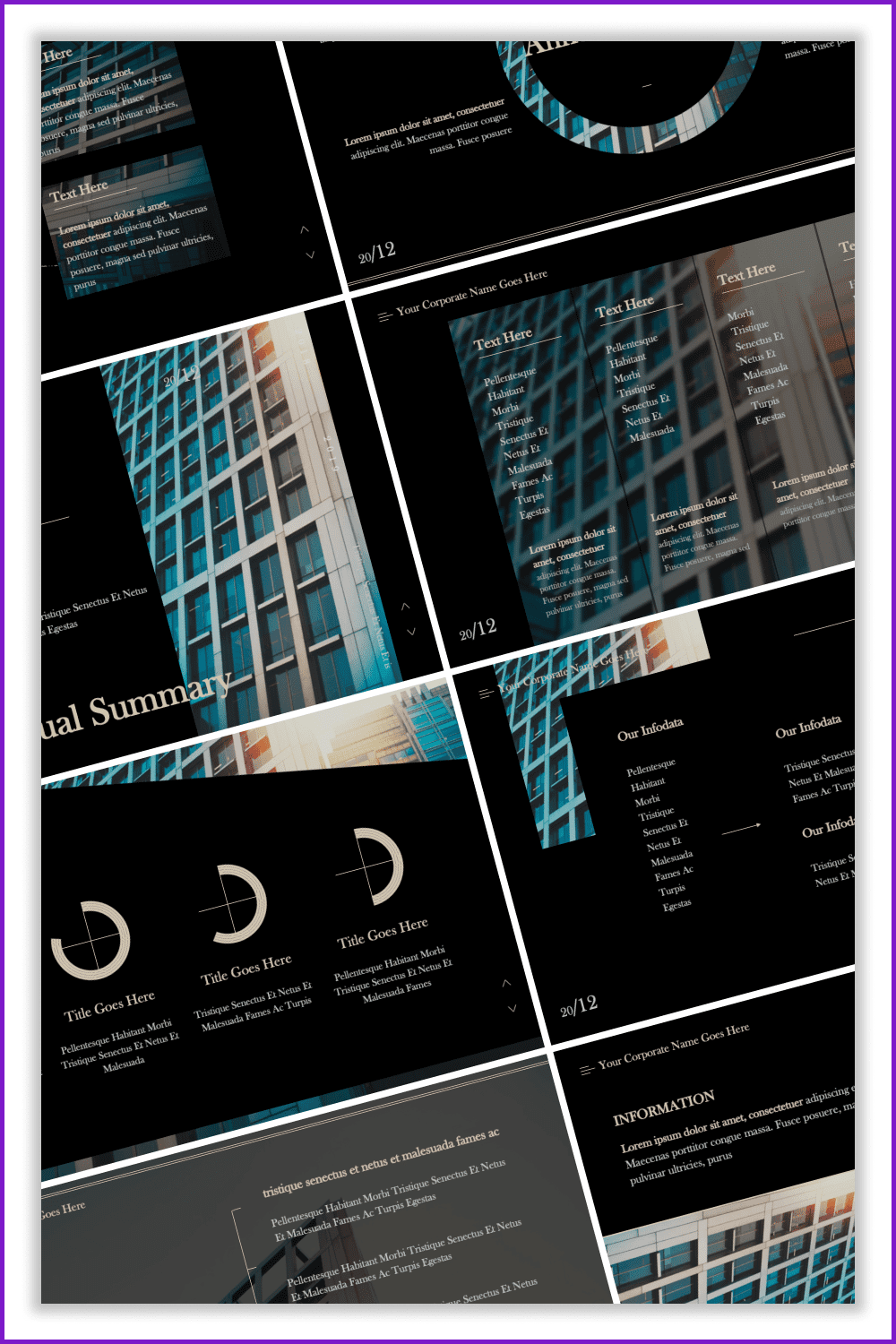 Collage of presentation pages with black background and photos of buildings.