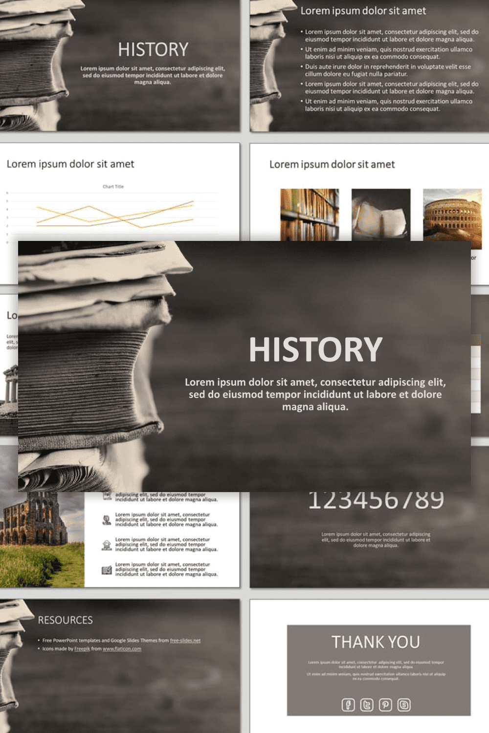 Collage of presentation pages with books on gray background.