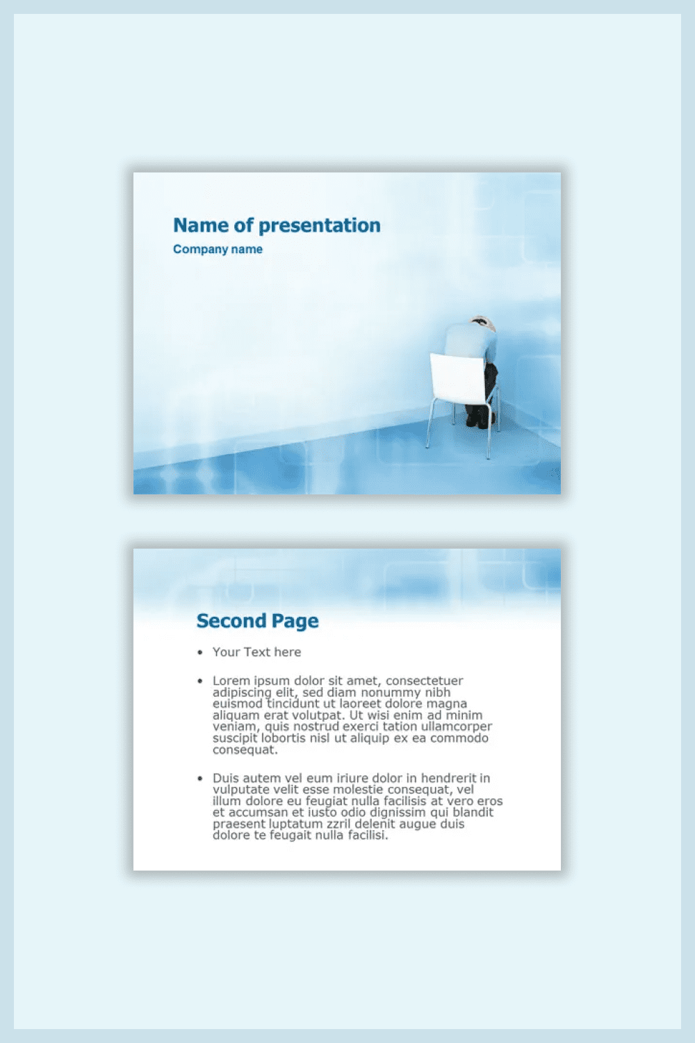 Collage of presentation pages with a photo of a person on a chair in the corner.