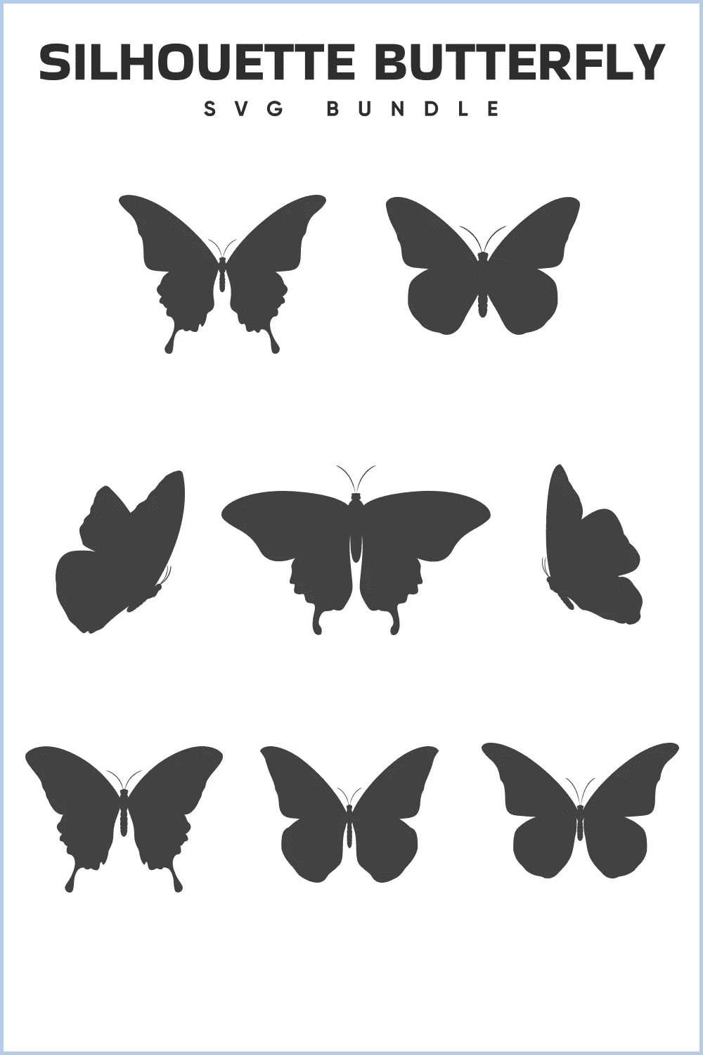 Collage of 8 black silhouette of butterflies.
