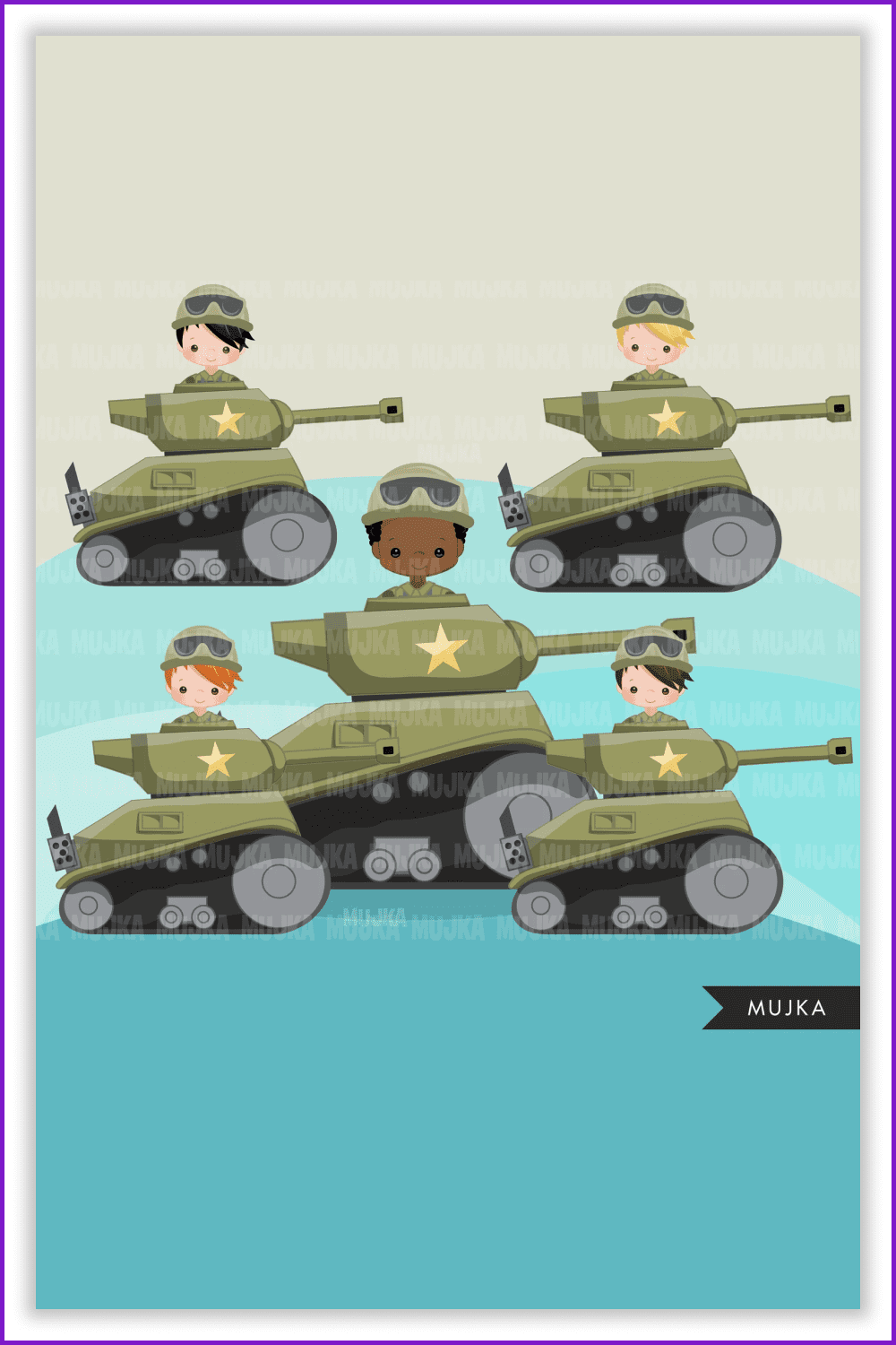 Drawing of children in small tanks with a yellow star.