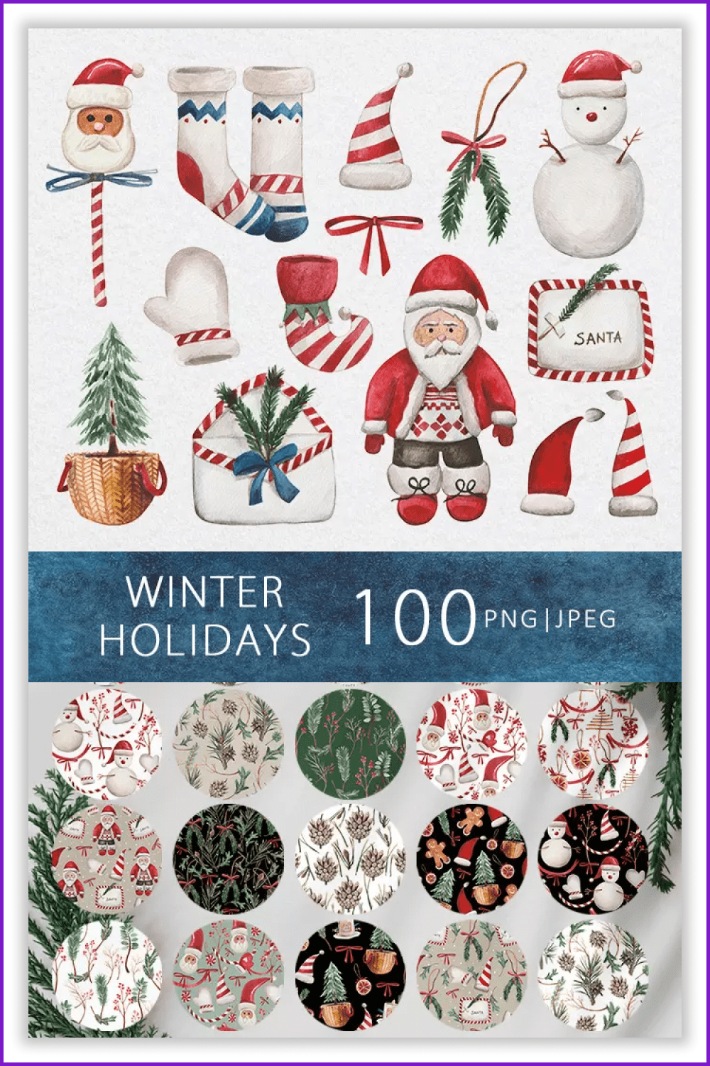 Collage of painted images of Santa Clauses, socks, Christmas trees, snowmen, mittens.