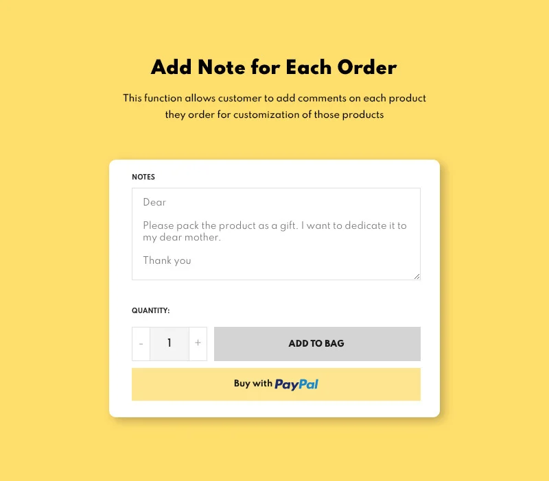 Black lettering "Add Note for Each Order" and white box for notes on a yellow background.