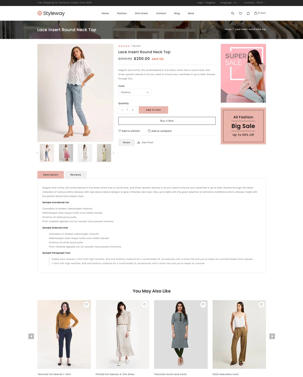 An example of product description for web version styleway online fashion store.