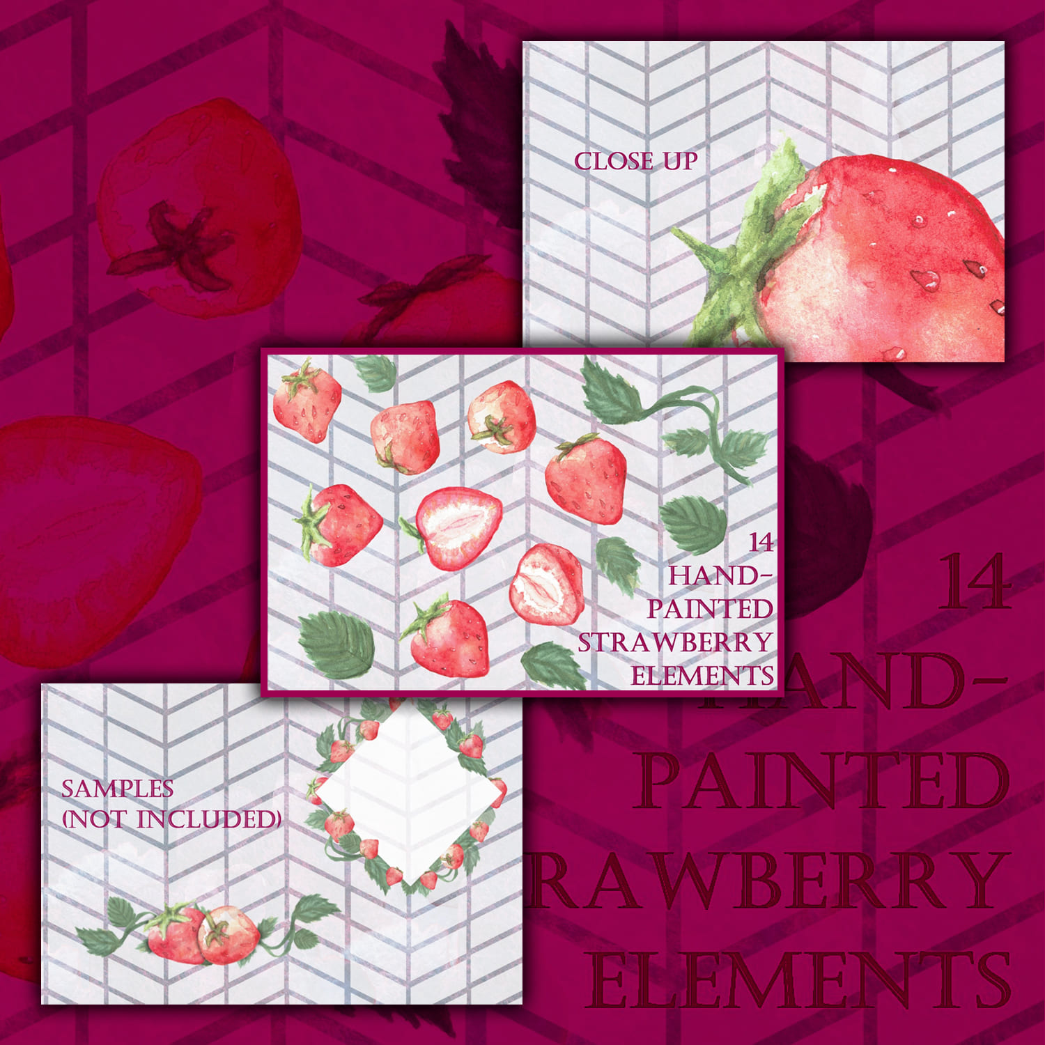 14 Handpainted Strawberry Elements by Tubigan Art.