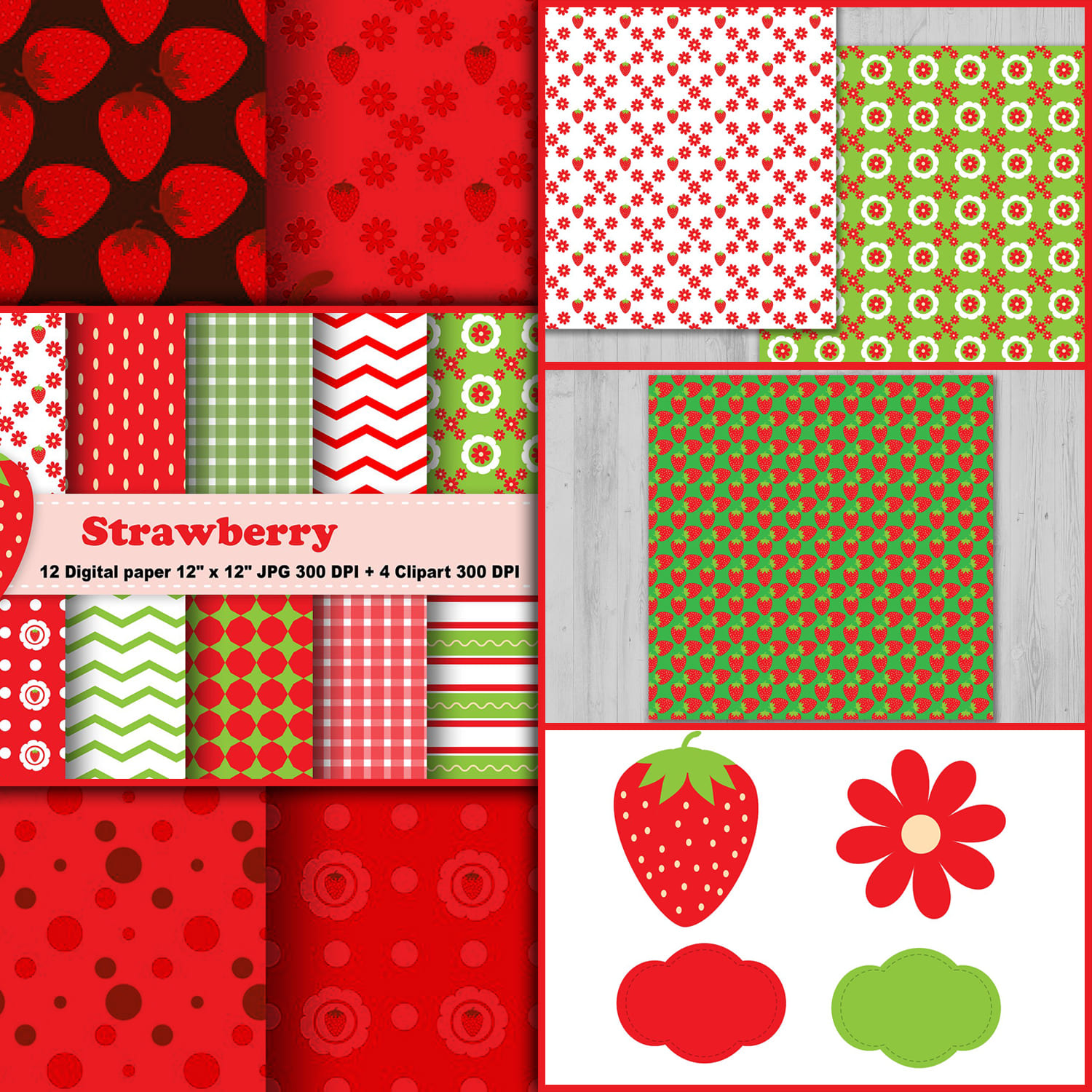 Strawberry Digital Paper, Fruits Background by CosmosFineArt.