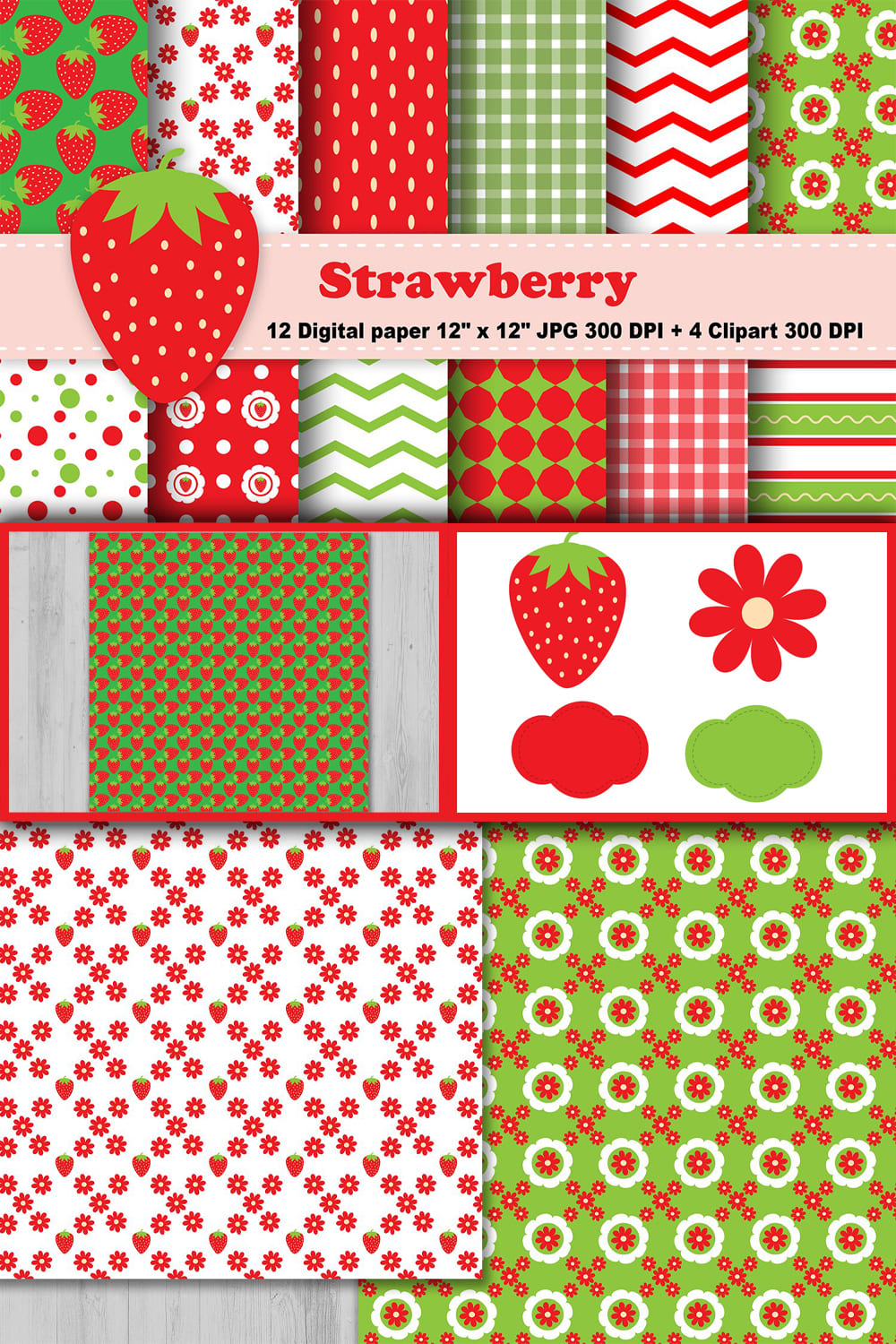 Strawberry Digital Paper, Fruits Background - pinterest image preview.