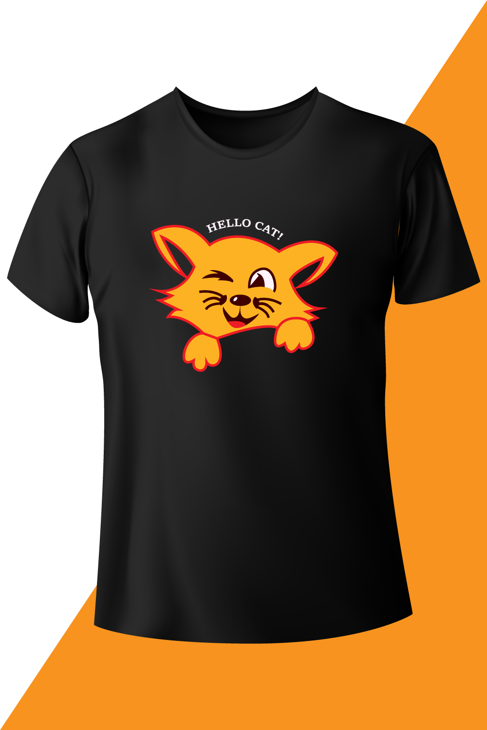 Image of a black t-shirt with a colorful print of a cat.
