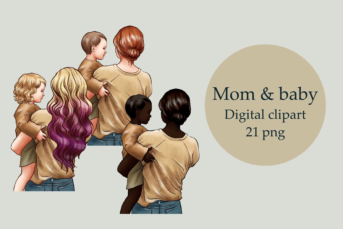 Black lettering "Mom & Baby Digital clipart 21 png" on a brown round shape and 3 different illustrations.