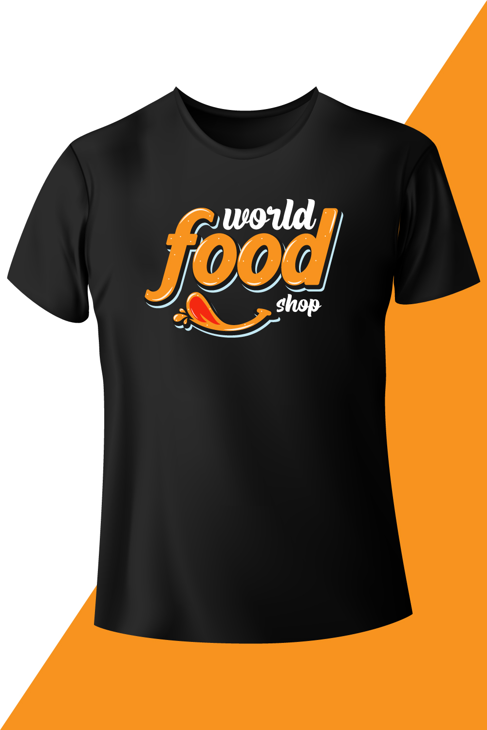 Image of a black t-shirt with an amazing inscription world food shop.