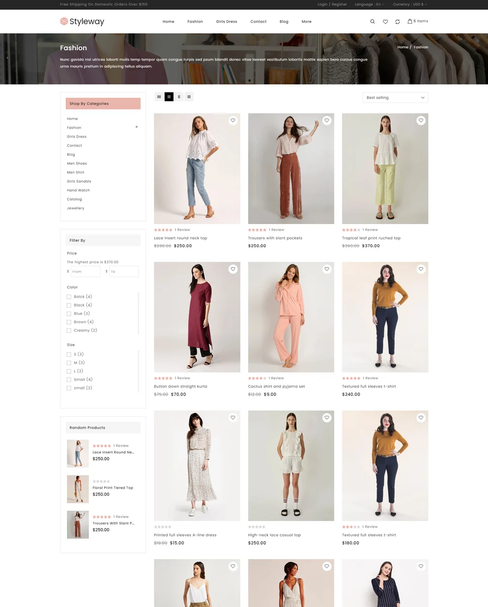 An example of different products for web version styleway online fashion store.
