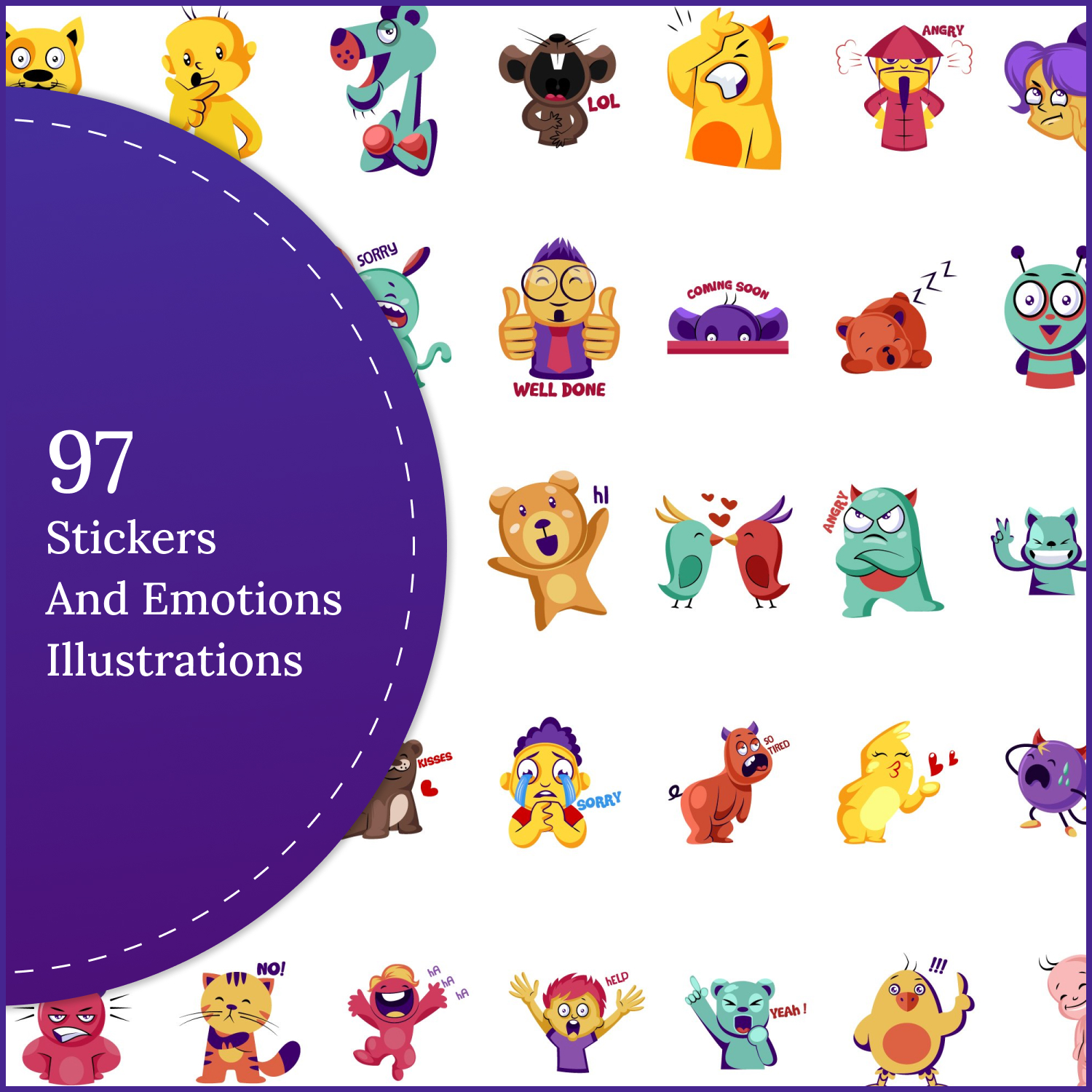 97x Stickers and Emotions Illustrations.