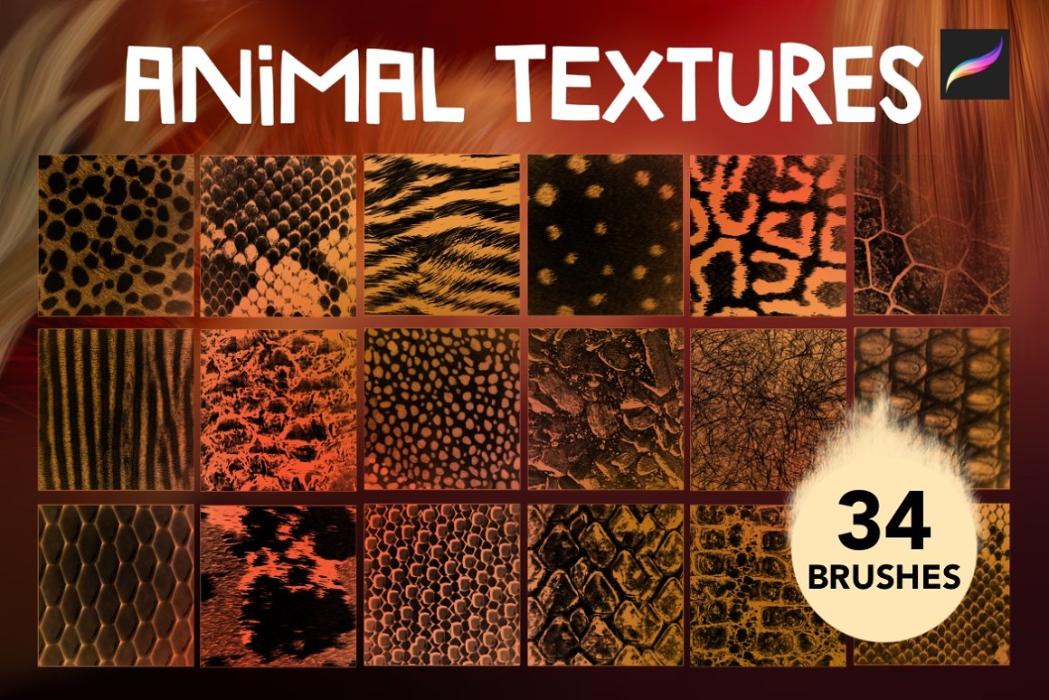White lettering "Animal Textures" and 18 different animal textures brushes on a brown background.
