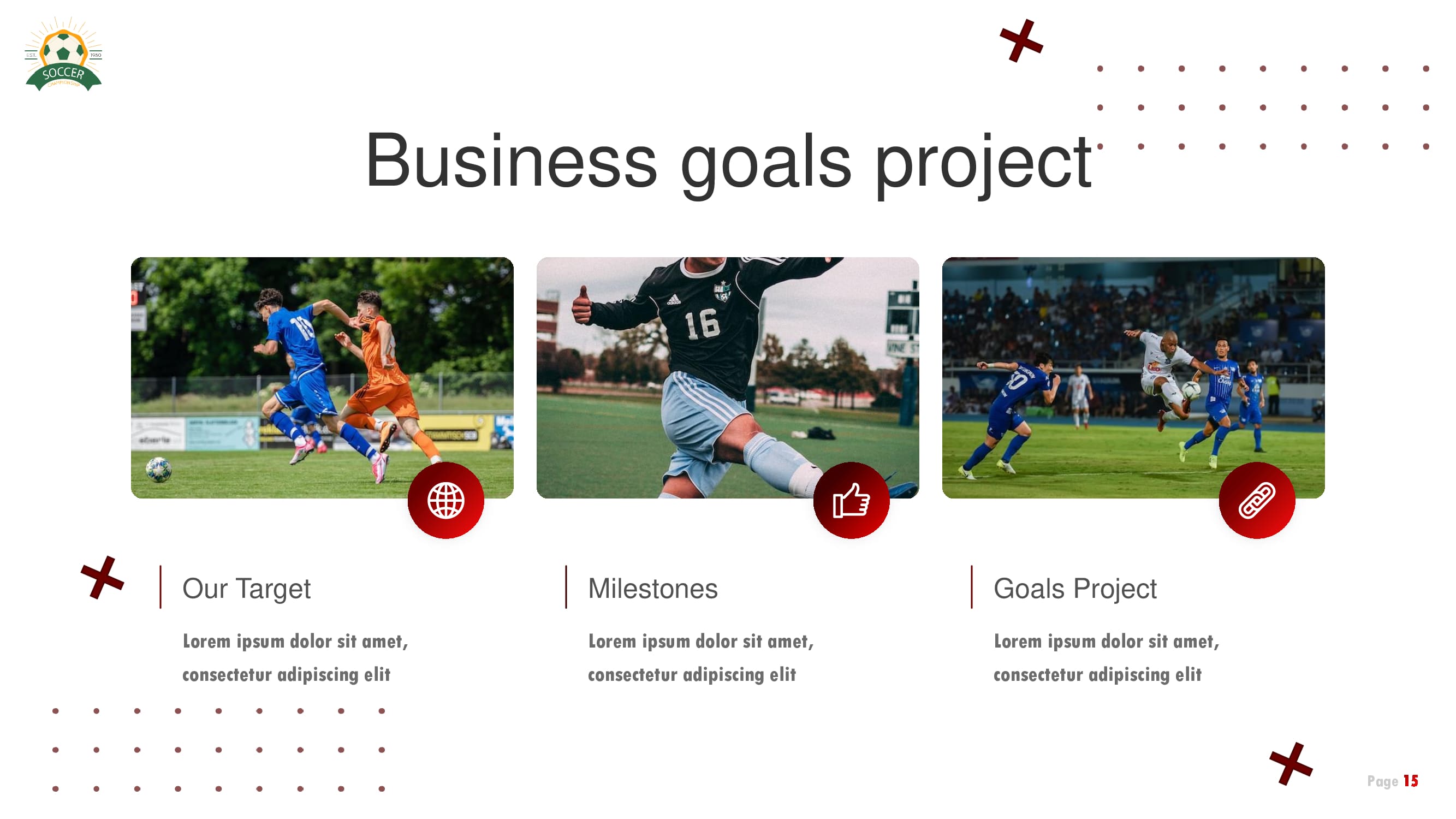 A slide for business goals project with 3 images and descriptions for them.